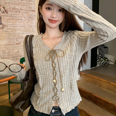 ニット トップス レースアップ Vネック スリムフィット 長袖 レトロ 韓国ファッション レディース 大人可愛い ガーリー DTCA-849831573602