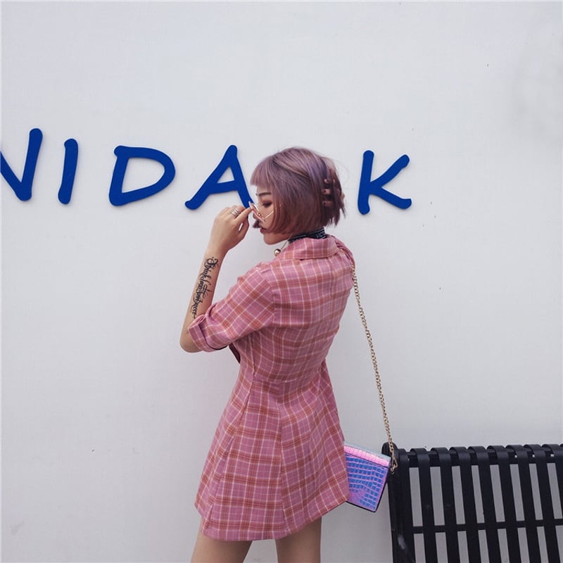 レディース チェック柄 ジャケット風 ワンピース ダブルボタン 半袖