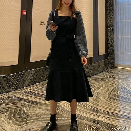 フェイクレイヤード ジャンパースカート 韓国ファッション レディース ハイウエスト パフ袖 ロングスカート 重ね着風 長袖 DTC-609838966122