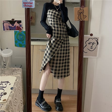 フェイクレイヤード チェック柄 スリットワンピース ハイウエスト ロング丈 レトロ 韓国ファッション レディース 大人可愛い ガーリー DTC-666716955708