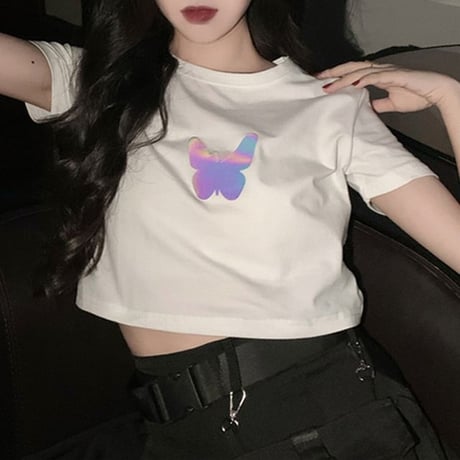 クロップド丈 Tシャツ 反射光 バタフライ 半袖 韓国ファッション レディース トップス ショート丈 プリント ガーリー カジュアル ストリートファッション DTC-617478923344