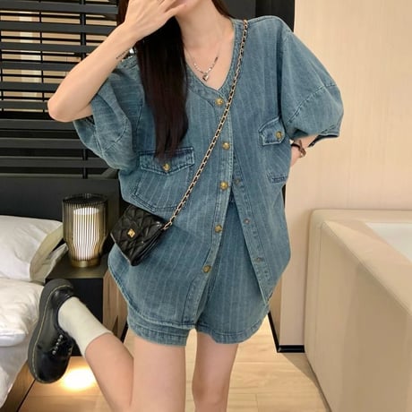 セットアップ デニム ノーカラージャケット ショートパンツ 半袖 ハイウエスト レトロ 韓国ファッション レディース 大人可愛い ガーリー カジュアル DTC-709104321762