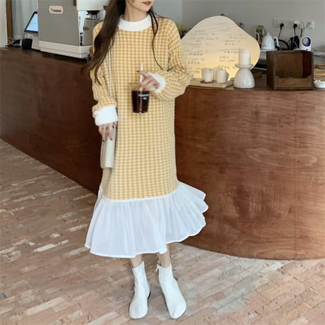 千鳥格子 ニットワンピース 裾フレア チェック柄 フィッシュテール ワンピース 長袖 ゆったり レトロ 韓国ファッション レディース 大人可愛い ガーリー DTC-656290162250