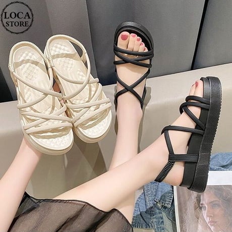クロスストラップ サンダル 22.5～25.0cm プラットフォーム 厚底 ビーチサンダル フラット 美脚効果 トレンド かわいい 韓国ファッション レディース DTC-698080041418