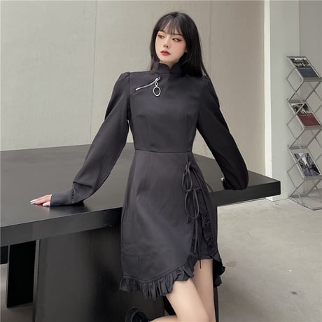 不規則デザイン ワンピース ハイウエスト ジッパー アシンメトリー 韓国ファッション レディース アシメ 無地 暗黒系 ダーク ガーリー DTC-634172142585
