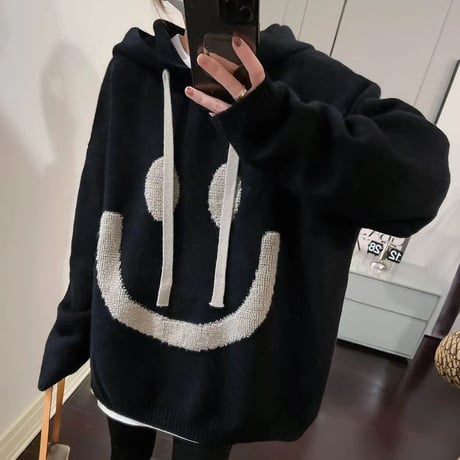 ニットパーカー スマイリー フード付き ニット セーター トップス プルオーバー オーバーサイズ ゆったり 長袖 レトロ 大人可愛い ガーリー カジュアル DTCA-739067680321