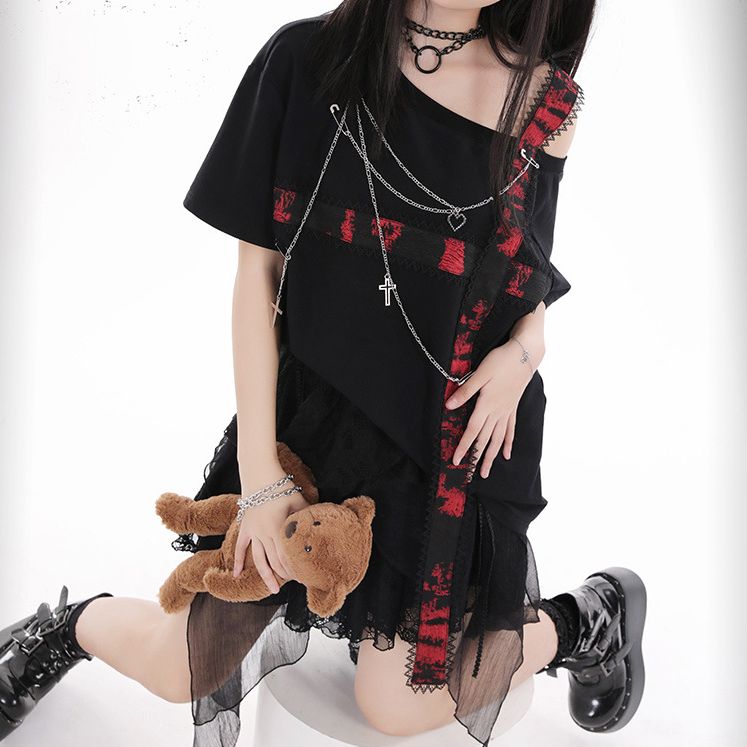 ワンショルダー Tシャツ ストラップ チェーン付き 肩出し ワンショルダー Tシャツ ストラップ チェーン付き 肩出し