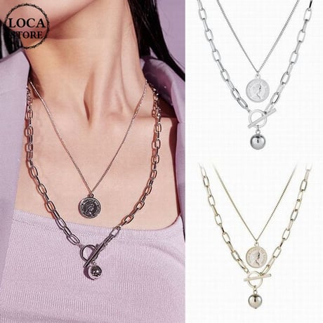 2点セット ネックレス チェーン付き コイン Tバー ペンダント アクセサリー 合金 シンプル DTC-618874289625