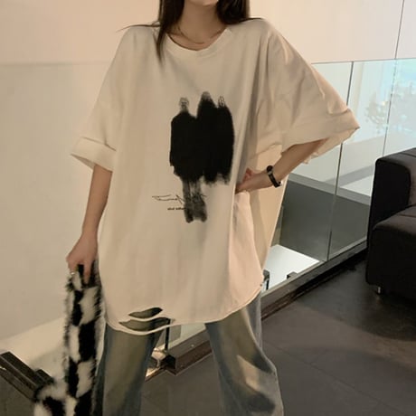 Tシャツ クラッシュ加工 オーバーサイズ ルーズ ダメージ加工 半袖 大人可愛い ガーリー カジュアル 韓国ファッション レディース 韓国ストリートファッション DTCA-671002996446