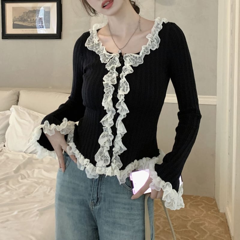フリルカーディガン レースフリル スリムフィット カーディガン ニット