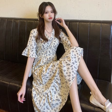 花柄ワンピース Vネック ハイウエスト 半袖 韓国ファッション レディース ワンピ フラワープリント 大人可愛い ガーリー DTC-640279162781