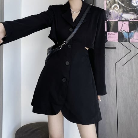 スーツワンピース オープンバッグ 背中開き 背中見せ ワンピース ハイウエスト 長袖 レトロ 韓国ファッション レディース 大人可愛い ガーリー ゴシック DTC-650160435855