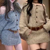 ニットワンピース セーラーカラー ボタン オフショルダー リブワンピース ミニワンピース 長袖 レトロ 大人可愛い ガーリー DTCA-975908412569