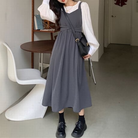 2点セット ブラウス Tシャツ ジャンパースカート ジャンスカ ハイウエスト 長袖 ルーズ セットアップ レトロ 韓国ファッション レディース 大人可愛い ガーリー DTC-662337447667