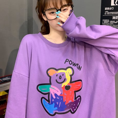 トレーナー 落書き風 クマちゃん プリント ルーズ スウェット 韓国ファッション レディース ラウンドネック 長袖 ガーリー (DTC-624906211705)