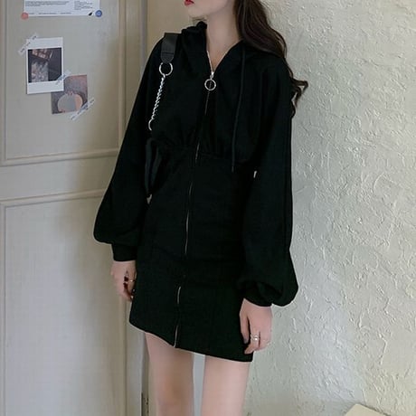 パーカーワンピース ジップアップ ミニワンピース 薄手 ルーズ ハイウエスト 長袖 レトロ 韓国ファッション レディース 大人可愛い ガーリー カジュアル DTC-682606513025