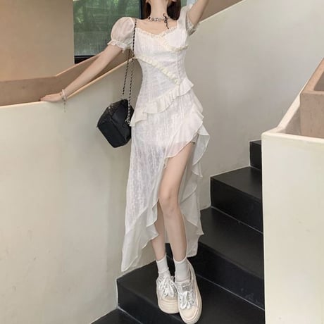 ワンピース 不規則デザイン フリル 2WAY スクエアネック オフショルダー パフスリーブ Aライン 半袖 レトロ 韓国ファッション レディース 大人可愛い ガーリー DTC-801946879202