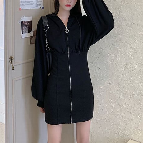 パーカーワンピース ジップアップ ミニワンピース 薄手 ルーズ ハイウエスト 長袖 レトロ 韓国ファッション レディース 大人可愛い ガーリー カジュアル DTC-682606513025