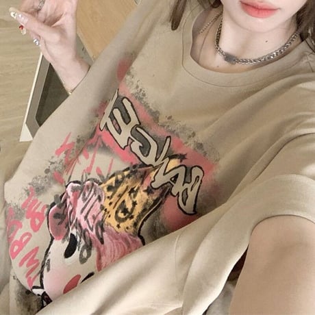Tシャツ 半袖 漫画風プリント クルーネック オーバーサイズ トップス ルーズ ゆったり カジュアル 韓国ファッション レディース DTC-714109078106