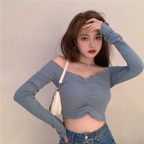 オフショル カットソー 長袖 ショート 韓国ファッション レディース トップス へそ出し Tシャツ オフショルダー Vネック スタイルアップ 大人可愛い ガーリー DTC-625937979040