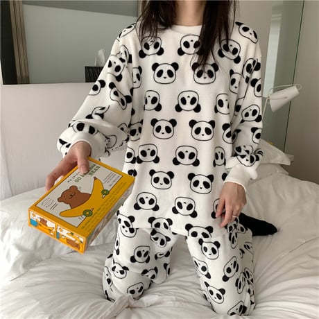 【ルームウェア】 パジャマ セットアップ パンダ柄 長袖 韓国ファッション レディース ラウンドネック もこもこ トップス + パンツ 上下セット レトロ DTC-627029965772