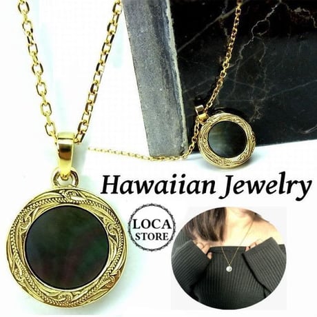 【ハワイアンジュエリー / HawaiianJewelry】ネックレス メダル ブラックシェル イエローゴールド ステンレススチール インスタ ※刻印可能商品 (gps81032)