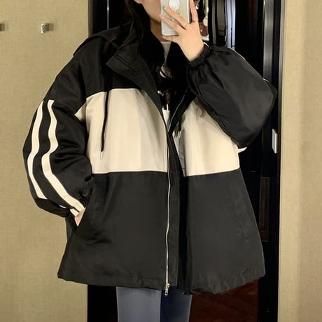 フード付き ジャケット キルティング裏地 アウター ジップアップ バックロゴ スポーティ オーバーサイズ ルーズ レトロ 韓国ファッション レディース カジュアル DTC-687059918615