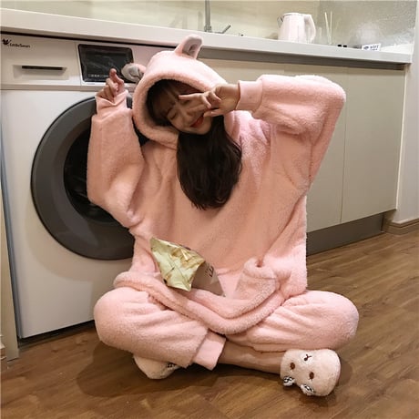 ルームウェア パジャマ セットアップ フリース パーカー + パンツ 耳付き 長袖 上下セット 長袖 韓国ファッション レディース もこもこ ガーリー 628421744075
