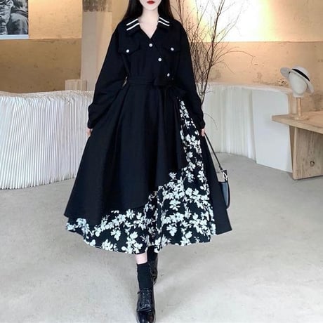 トレンチコート風 ワンピース フェイクレイヤード 花柄 襟付き Vネック Aライン ウエストマーク ロングワンピース ハイウエスト ロング丈 大人可愛い ガーリー DTCA-683349478548