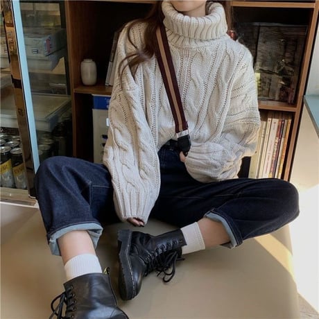 タートルネック ニット ケーブル編み プルオーバー ハイネック トップス セーター ルーズ 長袖 秋 冬 レトロ 大人可愛い ガーリー カジュアル DTCA-854780048696