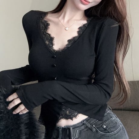 フェイクレイヤード レース トップス Vネック ロンT スリムフィット スリムトップス 長袖 レトロ 大人可愛い ガーリー DTCA-832572089482