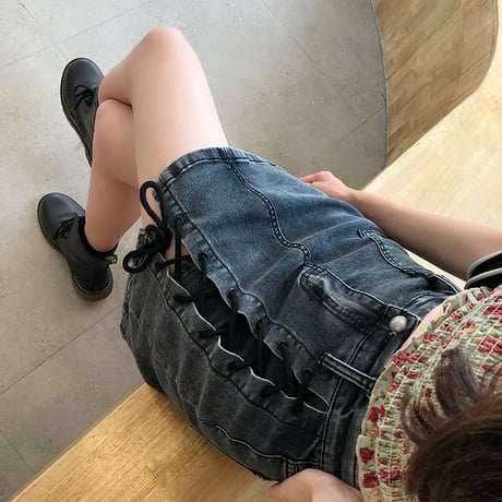 編込み デニムスカート ショートパンツ 韓国ファッション レディース スカパン インナーパンツ ハイウエスト ショート丈 Aライン ガーリー レトロ DTC-618967660120