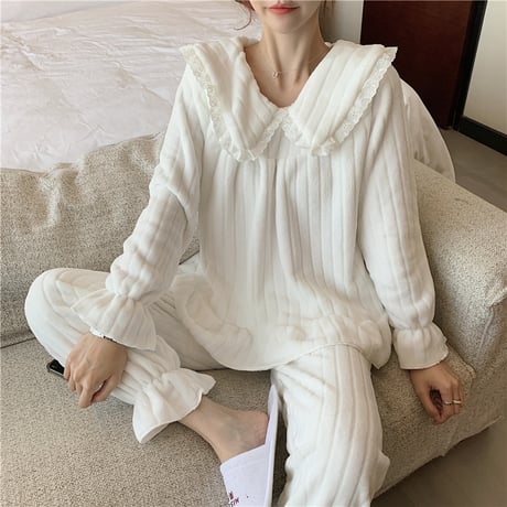 ルームウェア パジャマ セットアップ コーラルフリース トップス + パンツ 長袖 上下セット 韓国ファッション レディース ホワイト ブルー ガーリー 630856660553