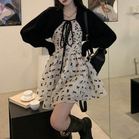 セットアップ ニットカーディガン スリングワンピース キャミワンピース リボン柄 ハイウエスト 韓国ファッション レディース 長袖 大人可愛い ガーリー フェミニン DTC-655148905763