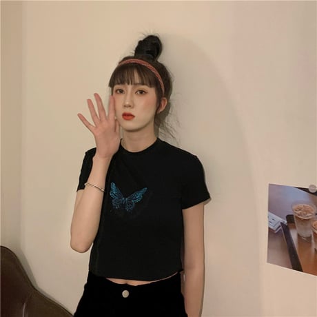 バタフライ Tシャツ 半袖 ショート丈 ブラック 韓国ファッション レディース 蝶 黒 かわいい ガーリー DTC-615160318594_bk