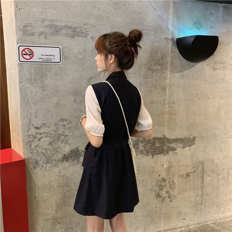 ワンピース トレンチ風 フェイクレイヤード 韓国ファッション レディース Aライン ダブルブレスト シンプル ガーリー フェミニン DTC-616848359436