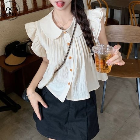 フリル ブラウス フライングスリーブ プリーツ ショート丈 トップス ルーズ レトロ 大人可愛い ガーリー カジュアル フェミニン DTCA-835368588474