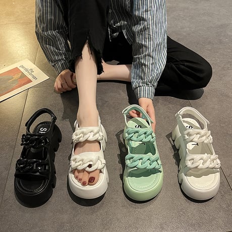 スポーツサンダル 22.5～25.0cm 厚底 チェーンモチーフ 韓国ファッション レディース スポサン マジックテープ 厚底サンダル カジュアル DTC-644611318028