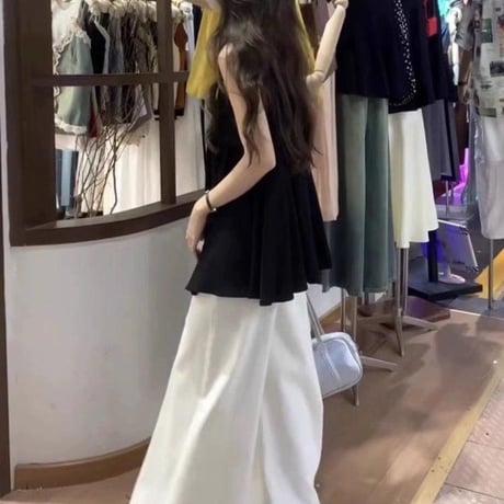 ペプラム ノースリーブ トップス フレア 深Vネック タンクトップ ブラウス ゆったり ペプラム裾 体型カバー ルーズ レトロ 大人可愛い ガーリー DTCA-926716597805