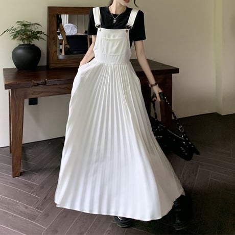プリーツサロペットスカート ロング丈 ノースリーブ サロペットスカート プリーツ ハイウエスト Aライン レトロ 韓国ファッション レディース 大人可愛い ガーリー DTC-716408531500