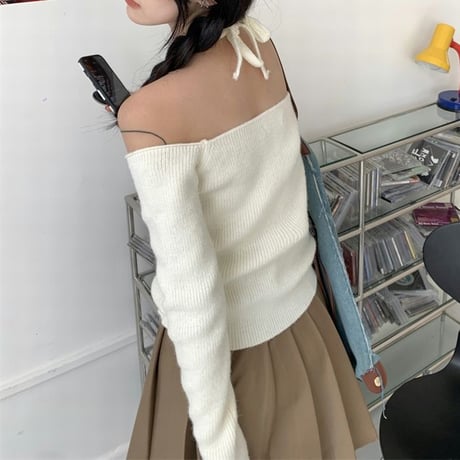 ニットカーディガン オフショルダー ホルターネック ニットトップス Vネック 肩出し ショート丈 スリムフィット 韓国ファッション レディース 大人可愛い ガーリー DTC-655800959633