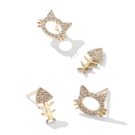 かわいいCZ猫ちゃんと魚骨 スタッドピアス イヤークリップ ねこ 猫 魚骨 CZ ピアス シルバー925 合金 アクセサリー DTC-626646347931