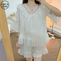 セットアップ ルームウェア パジャマ レース リボン Vネック 上下セット トップス パンツ 半袖 部屋着 韓国ファッション レディース 大人可愛い ガーリー DTC-673383905175