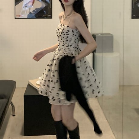 セットアップ ニットカーディガン スリングワンピース キャミワンピース リボン柄 ハイウエスト 韓国ファッション レディース 長袖 大人可愛い ガーリー フェミニン DTC-655148905763