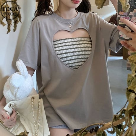 セット商品 ハートカット Tシャツ 半袖 チューブトップ ゆったり ルーズ 韓国ファッション レディース 大人可愛い ガーリー カジュアル DTC-677301507375