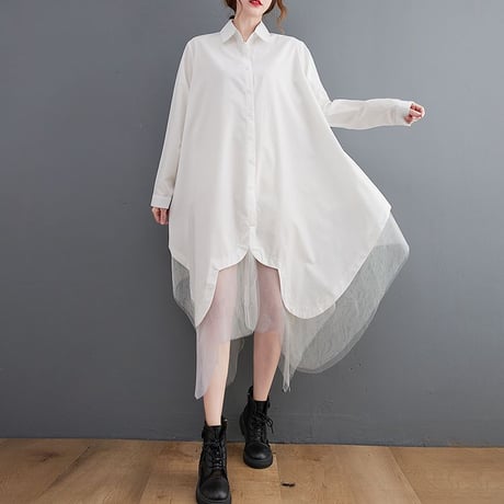 ロングシャツ シャツワンピース チュール シャツ ワンピース アシンメトリー ルーズ 長袖 レトロ 韓国ファッション レディース 大人可愛い ガーリー DTC-653970172988