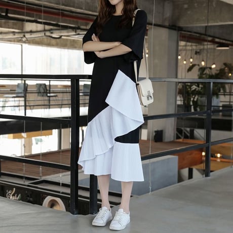 レディース 半袖 フリルパターンワンピース ビックポケット マタニティ ロングワンピース 半袖 フェミニン 韓国ファッション (DCT-587641910858)