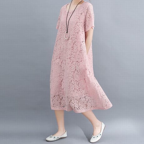 レディース 花柄レースワンピース フレア ロング 半袖フレアワンピース フェミニン 韓国ファッション (DCT-587692535096)