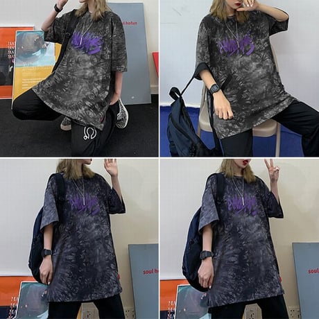【2カラー】ユニセックス Tシャツ 半袖 タイダイ柄 英字プリント オーバーサイズ カジュアル 韓国ファッション メンズ レディース 韓国ストリートファッション DTC-610296445267