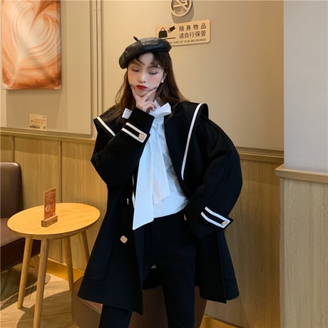 【アウター】 コート ウール ダブルブレスト ホワイト ブラック 長袖 韓国ファッション レディース ウーレンコート ルーズ ゆったり レトロ かわいい ガーリー 609785516275